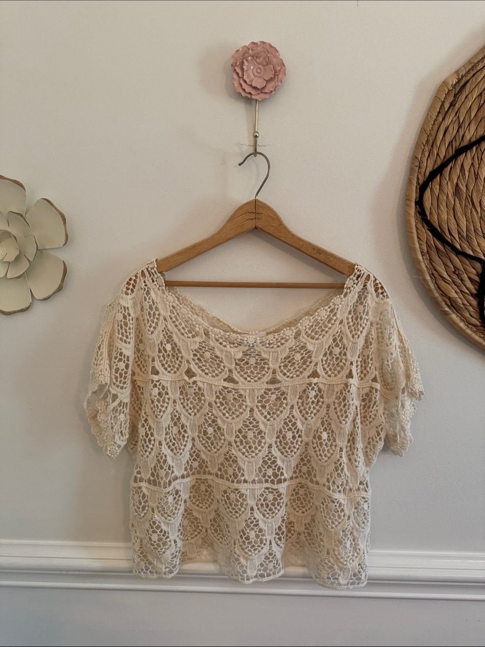 Lace Crochet Short-Sleeve Top - Cream